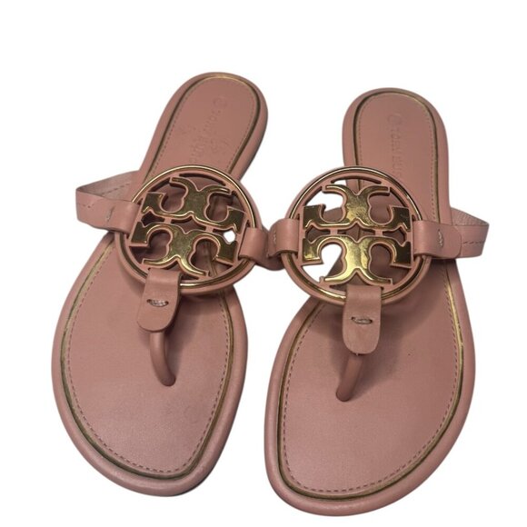 Tory Burch Miller Sandals | Pink Leather Thong Flats Size 5.5 - Picture 1 of 4